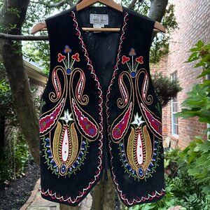 Vintage Erez Levy Black Suede Leather Paisley Embroidered Vest Sz M
